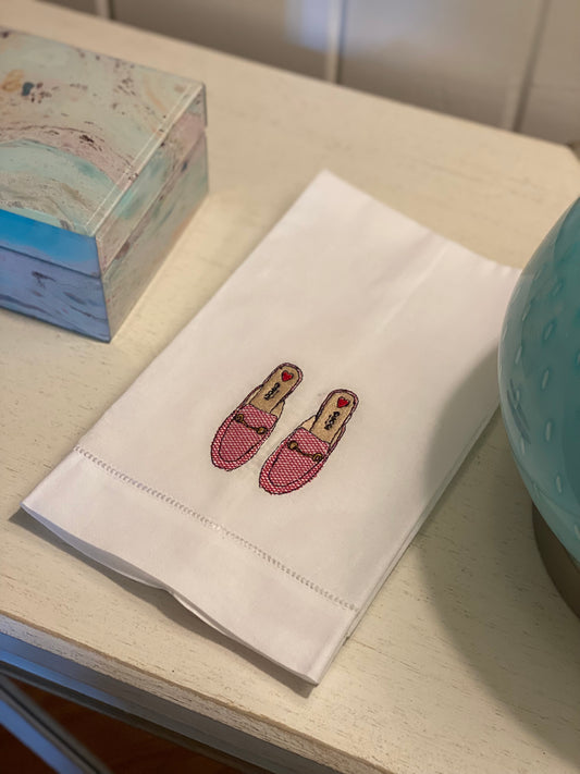 Pink GG shoe Embroidered Tea Towel